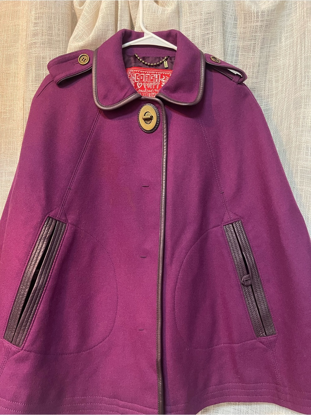COACH Plum Purple Wool-Blend Cape Coat with Leather Trim